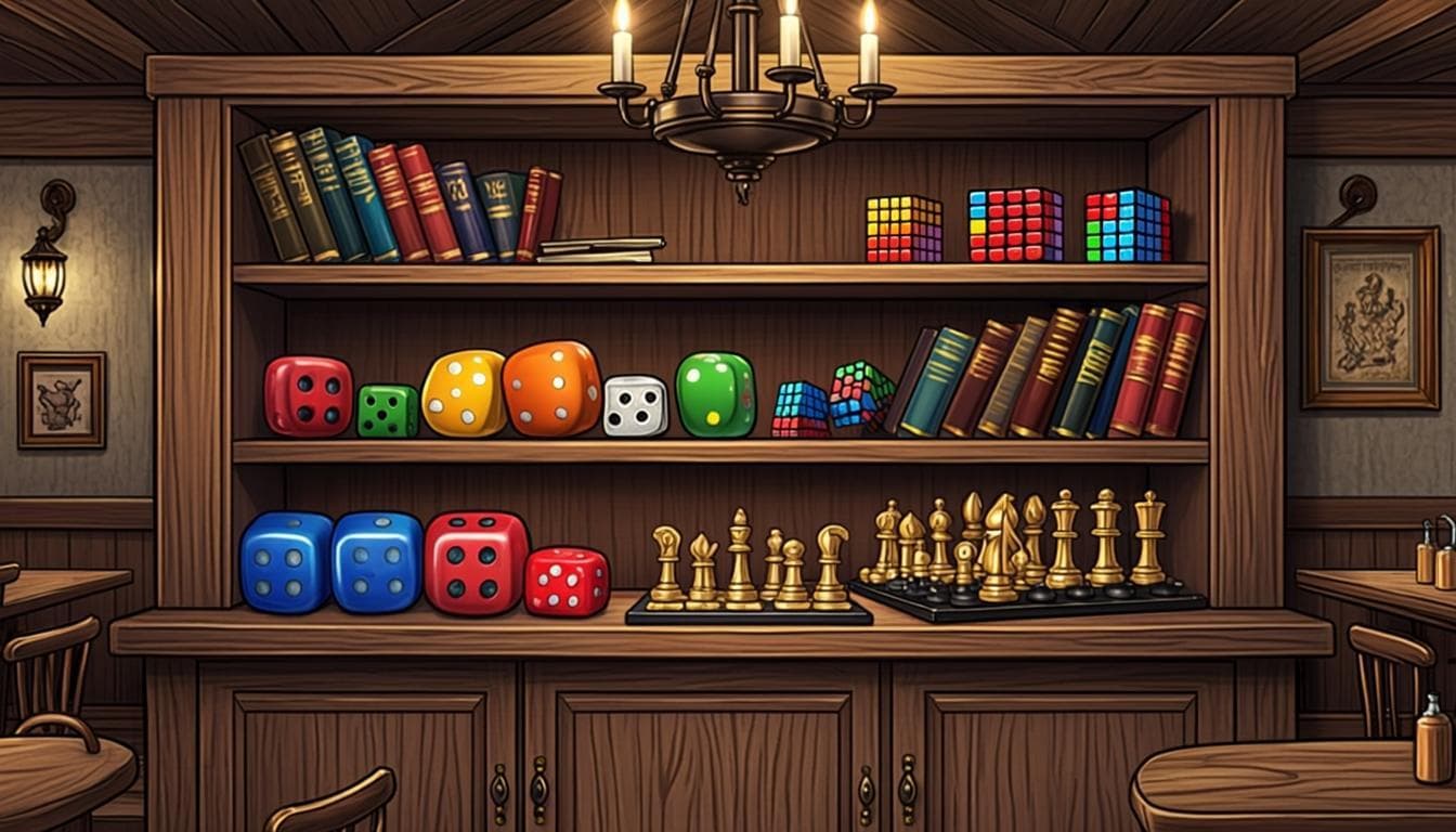 Estantería con la biblioteca de juegos de mesa de la taberna