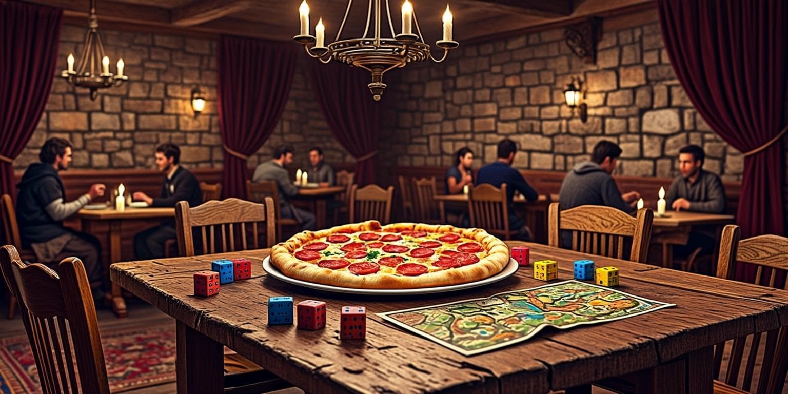 Interior de la taberna con pizzas y juegos de mesa